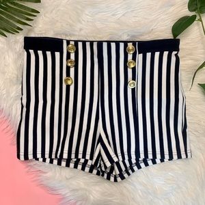 SOLD- Striped Sailor Shorts High Waist Gold Buttons Navy and White Forever 21